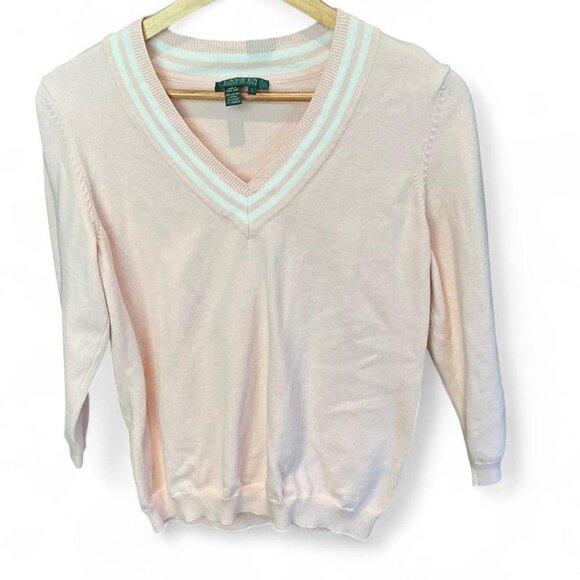Ralph Lauren Pink White Preppy V-neck Cotton Stretch sweater white stripe Large - Picture 1 of 3
